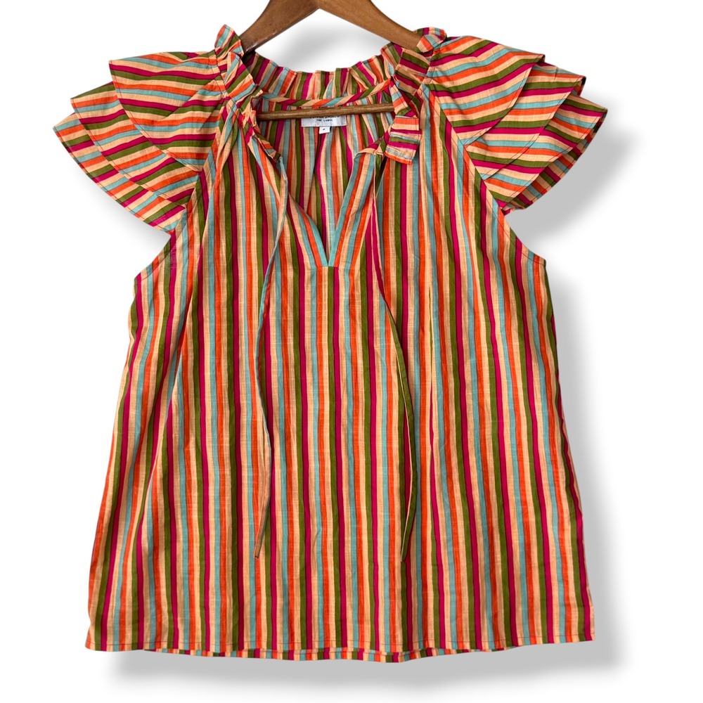 Tuckernuck Olivia James The Label S 100%‎ Cotton Flutter Sleeve Tie Neck Blouse